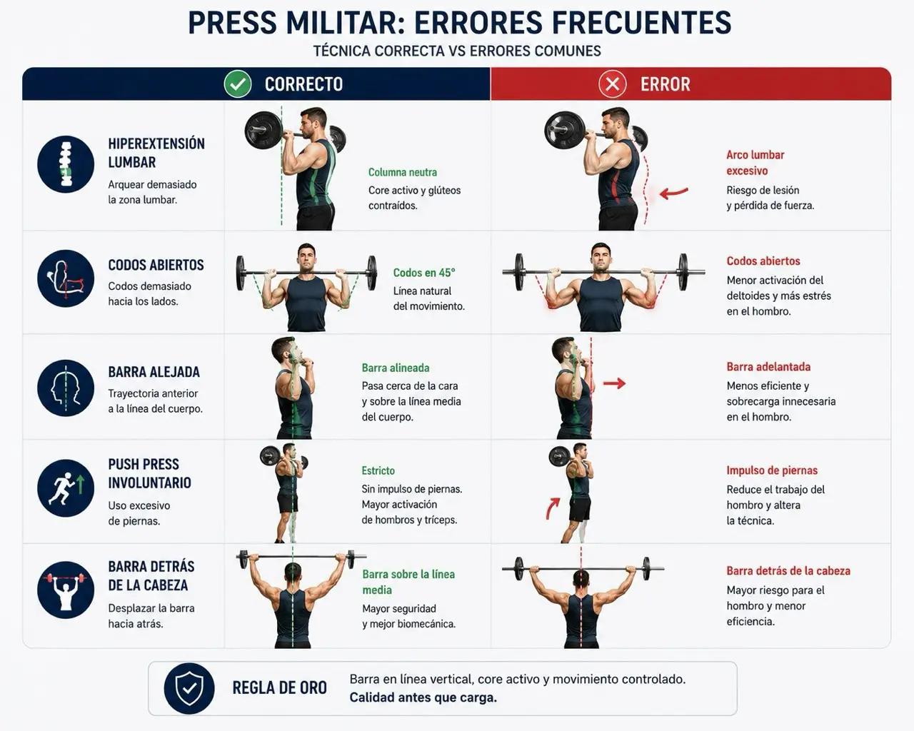 Comparativa correcto frente a error en press militar con hiperextension lumbar, codos abiertos, barra alejada, push press involuntario y barra detras de la cabeza