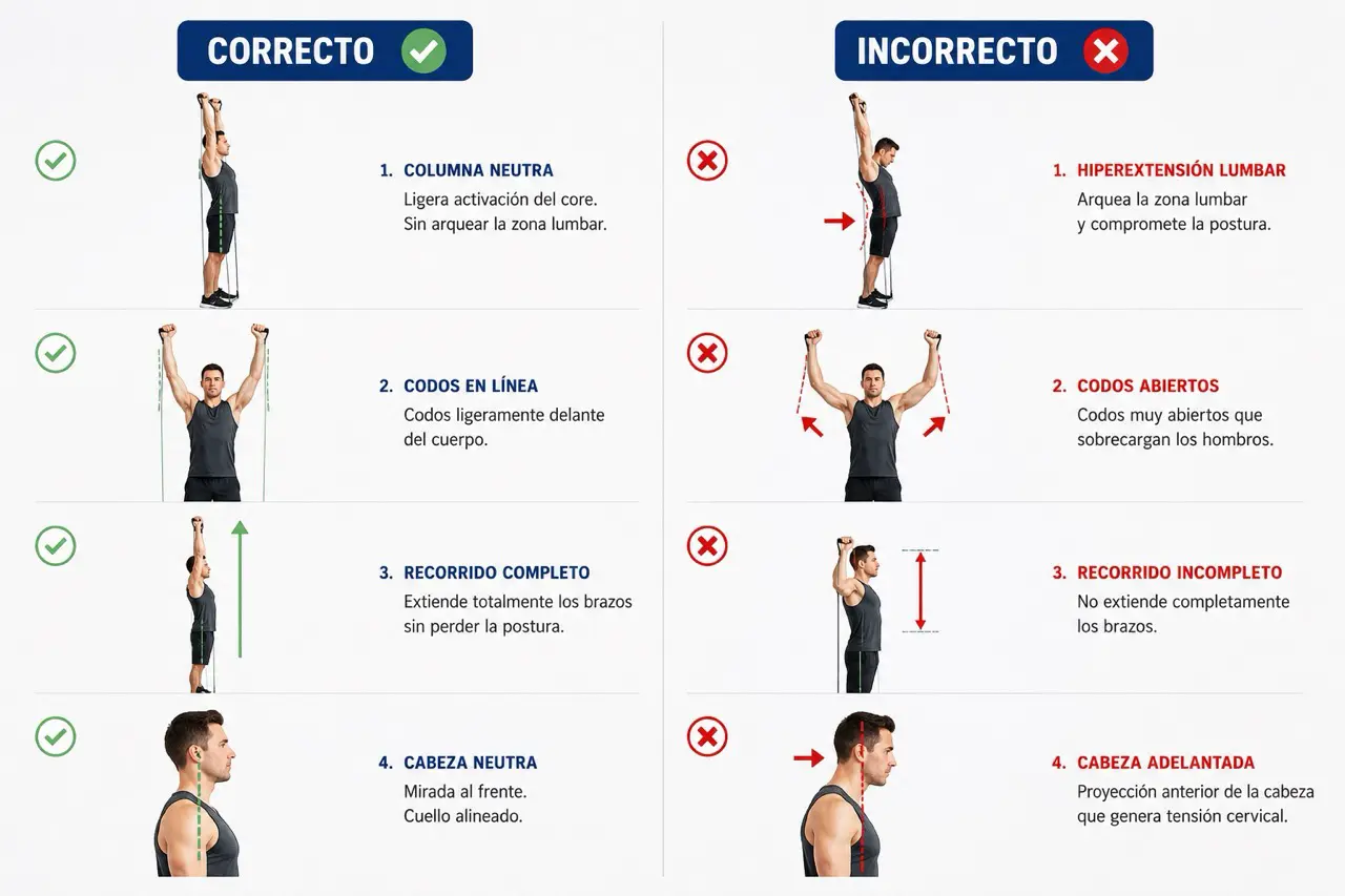Comparativa correcto e incorrecto del press militar con gomas con hiperextension lumbar, codos abiertos, recorrido incompleto y cabeza adelantada