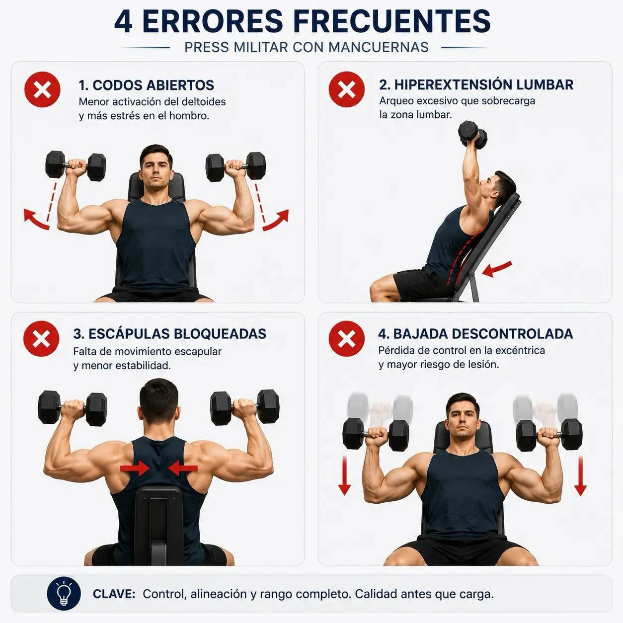 Grid visual de errores frecuentes en press militar con mancuernas: codos abiertos, hiperextension lumbar, escapulas bloqueadas y bajada descontrolada