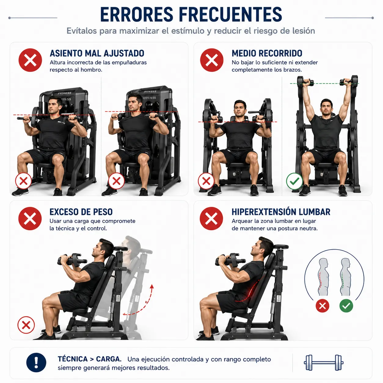 Grid visual de errores frecuentes en press militar en maquina: asiento mal ajustado, medio recorrido, exceso de peso e hiperextension lumbar