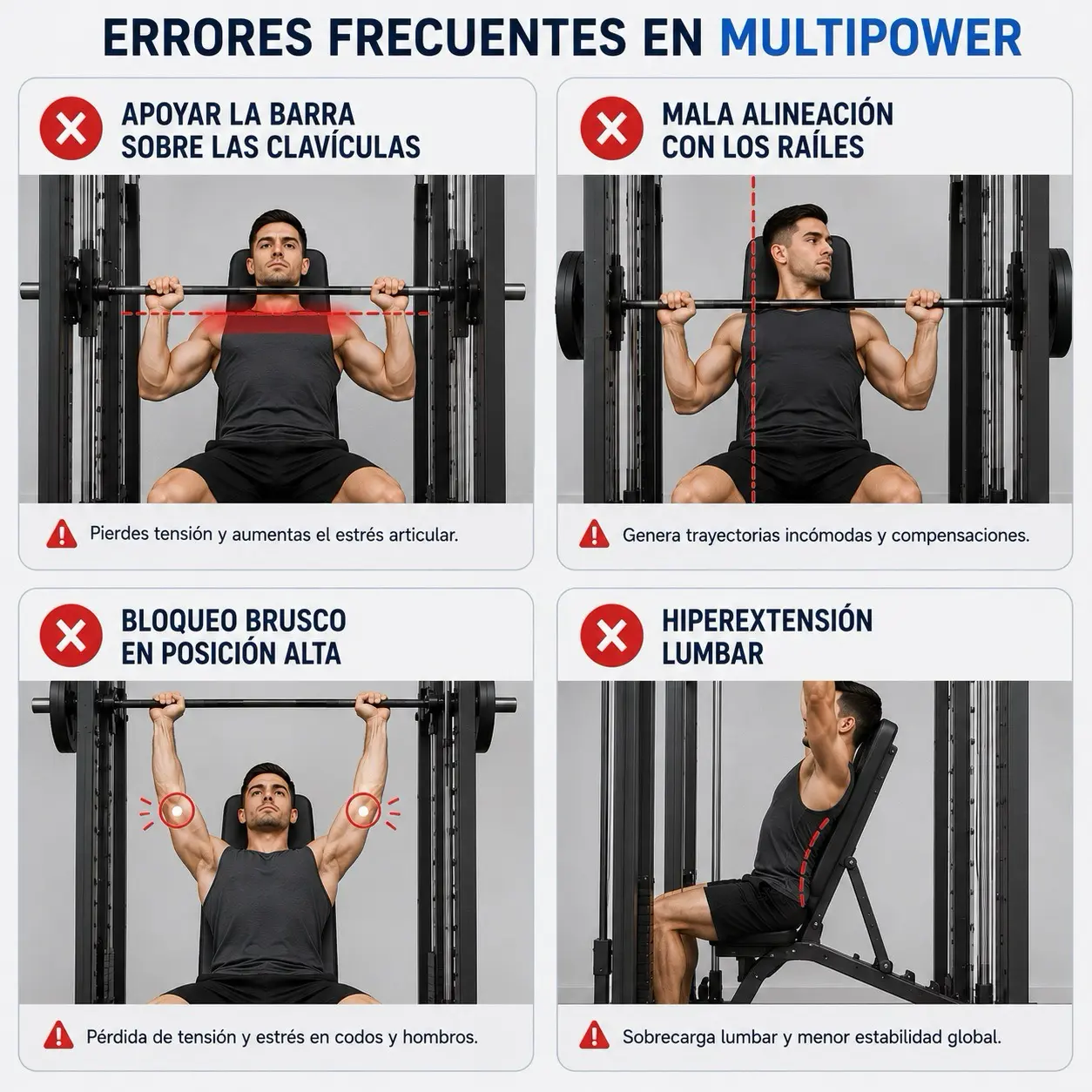 Grid visual de errores frecuentes en press militar en multipower: apoyar la barra sobre claviculas, mala alineacion con railes, bloqueo brusco e hiperextension lumbar