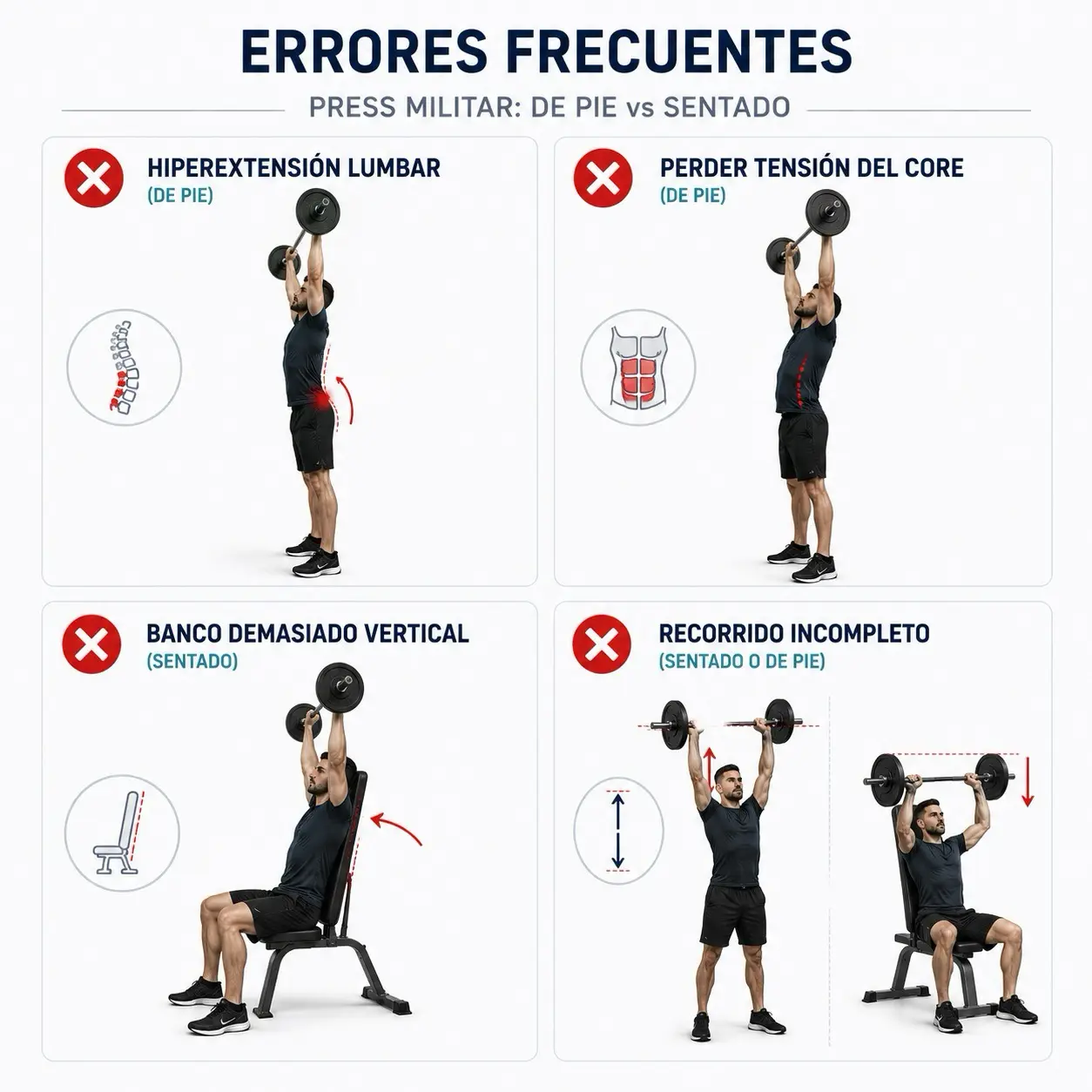 Grid visual de errores frecuentes en press militar de pie y sentado: hiperextension lumbar, perder tension del core, banco demasiado vertical y recorrido incompleto