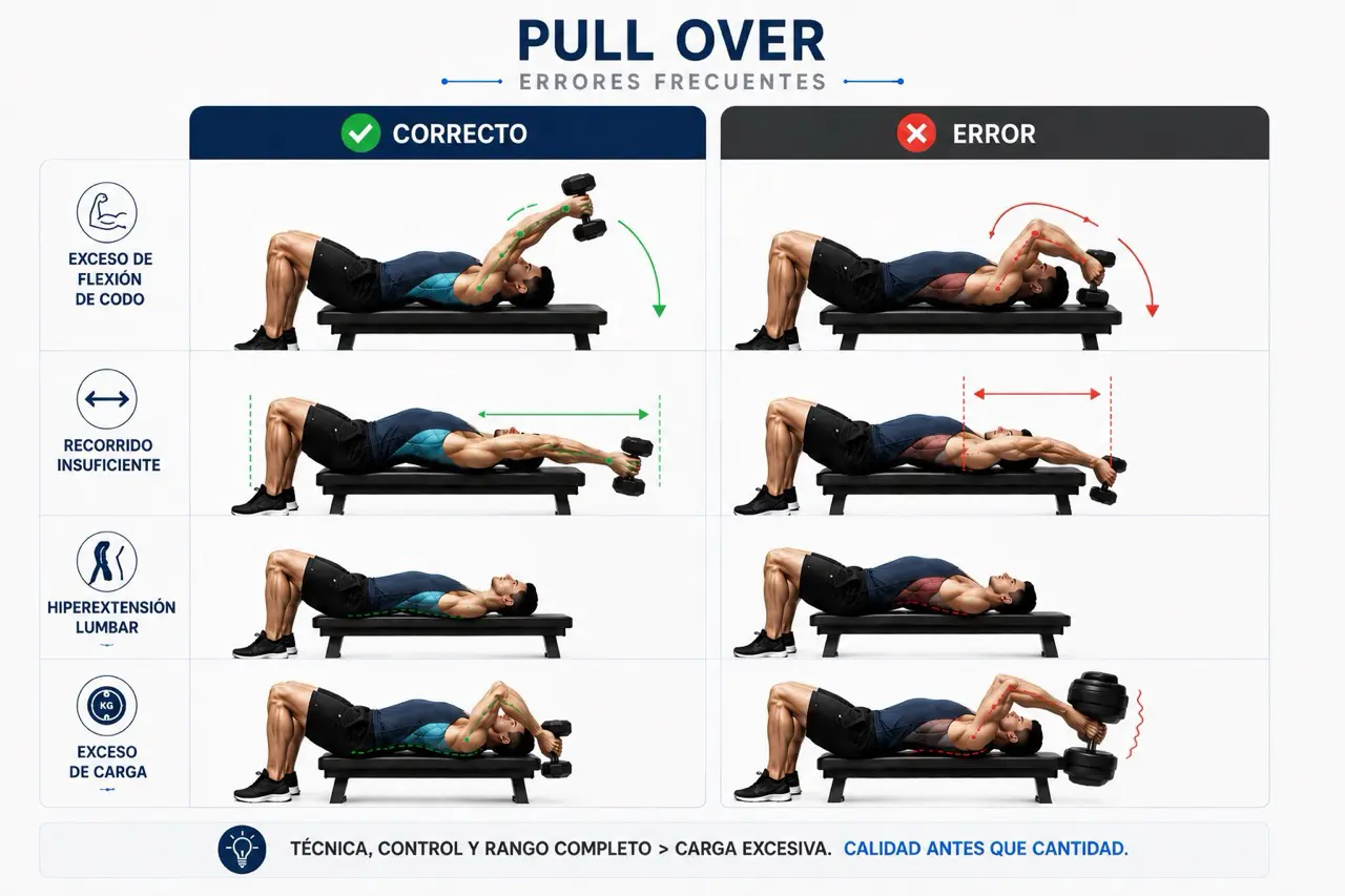 Comparativa correcto frente a error en el pull over con exceso de flexion de codo, recorrido insuficiente, hiperextension lumbar y exceso de carga
