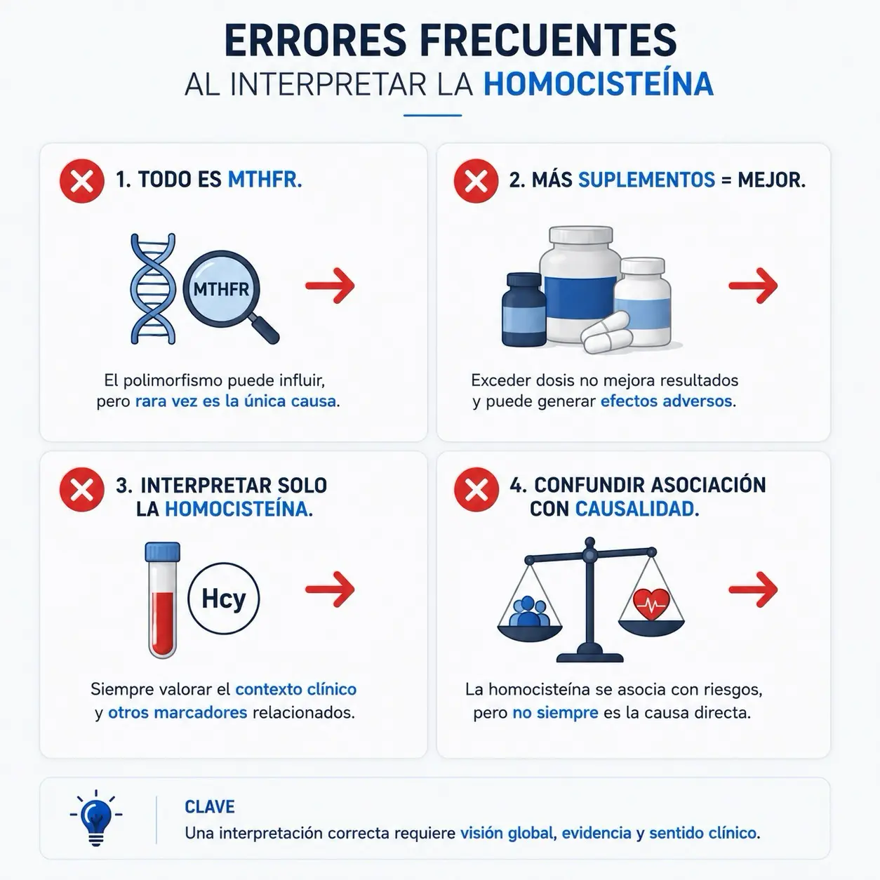 Grid visual de errores frecuentes al interpretar homocisteina: todo es MTHFR, mas suplementos es mejor, interpretarla aislada y confundir asociacion con causalidad
