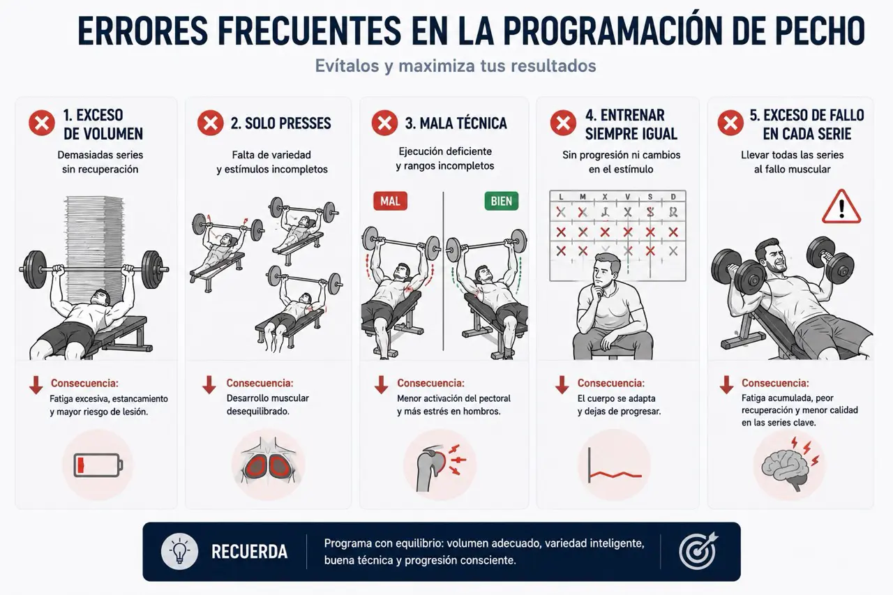 Panel visual de errores frecuentes en la programacion de pecho como exceso de volumen, solo presses, mala tecnica, entrenar siempre igual y exceso de fallo