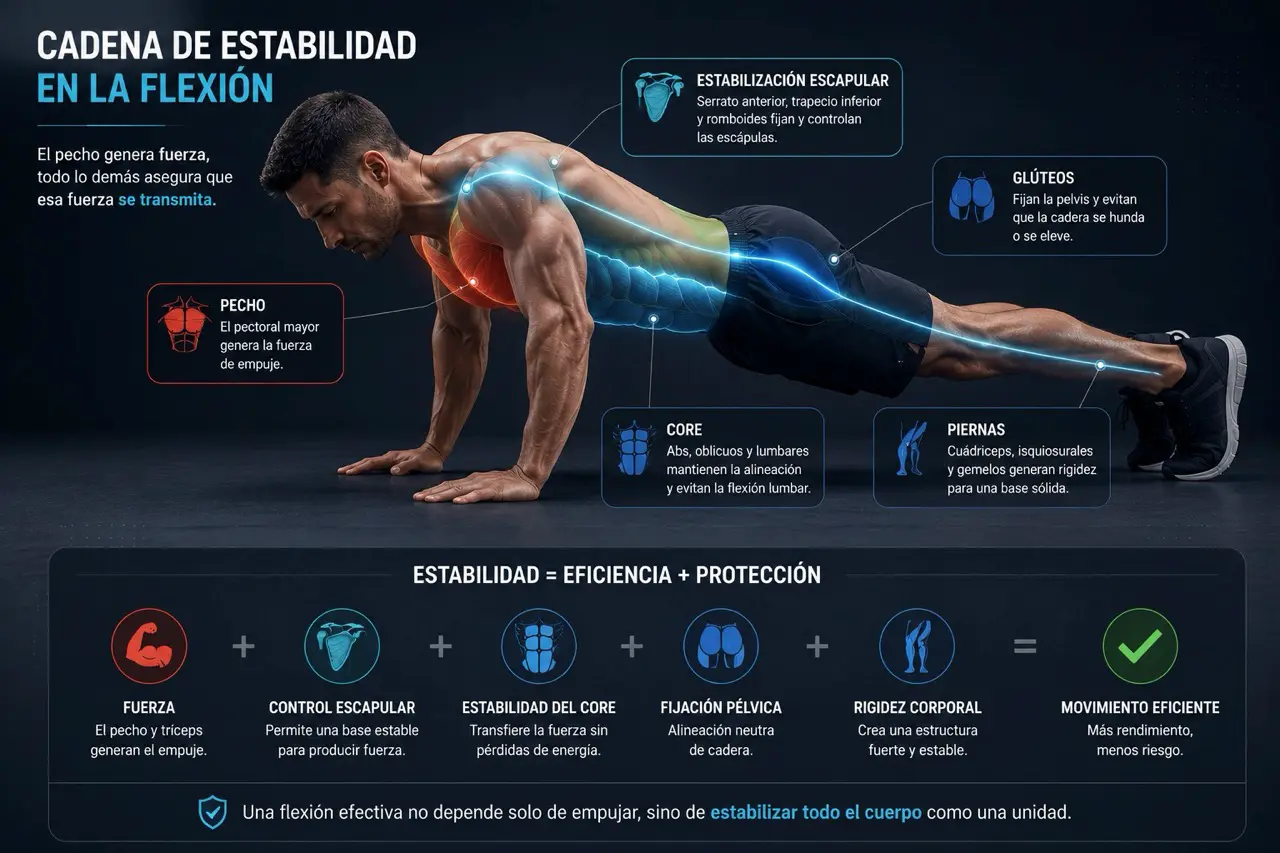 Mapa de estabilizacion corporal en flexiones con cadena de estabilidad del core, escapulas, gluteos y piernas mientras el pecho genera fuerza
