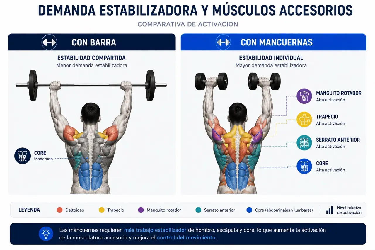 Mapa muscular comparativo de press militar con barra y mancuernas mostrando core, manguito rotador, trapecio y serrato como estabilizadores