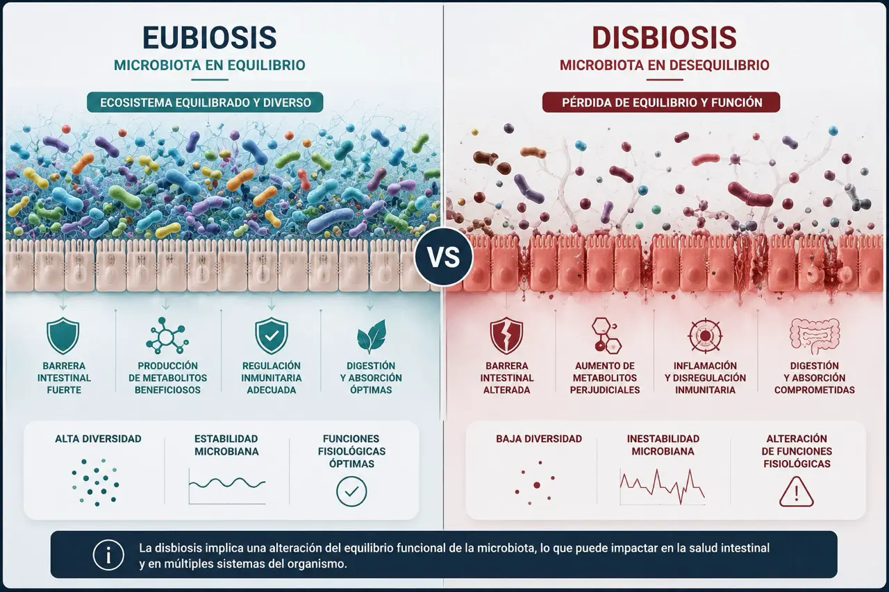 Comparativa cientifica entre eubiosis y disbiosis intestinal mostrando una microbiota equilibrada frente a una microbiota alterada con menor diversidad