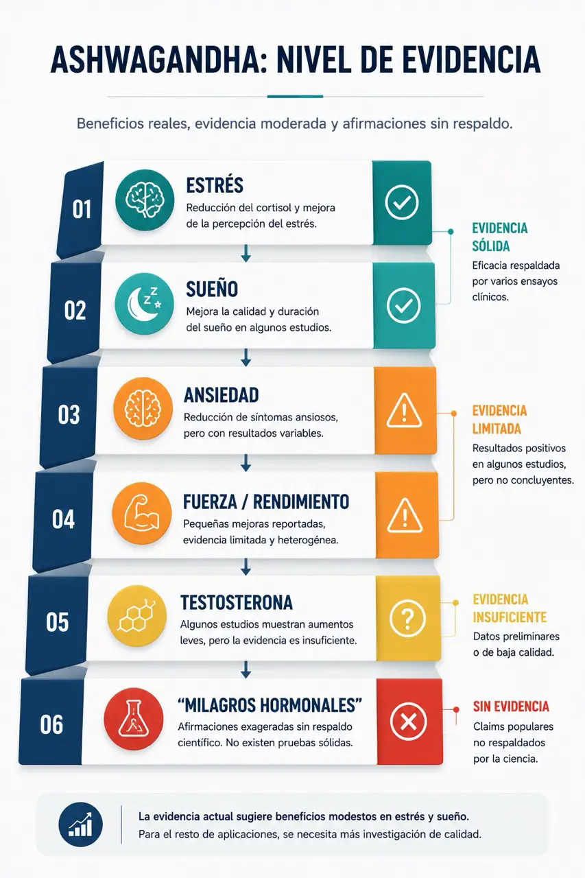 Escalera de evidencia de ashwagandha con estres, sueño, ansiedad, fuerza, testosterona y ausencia de milagros hormonales