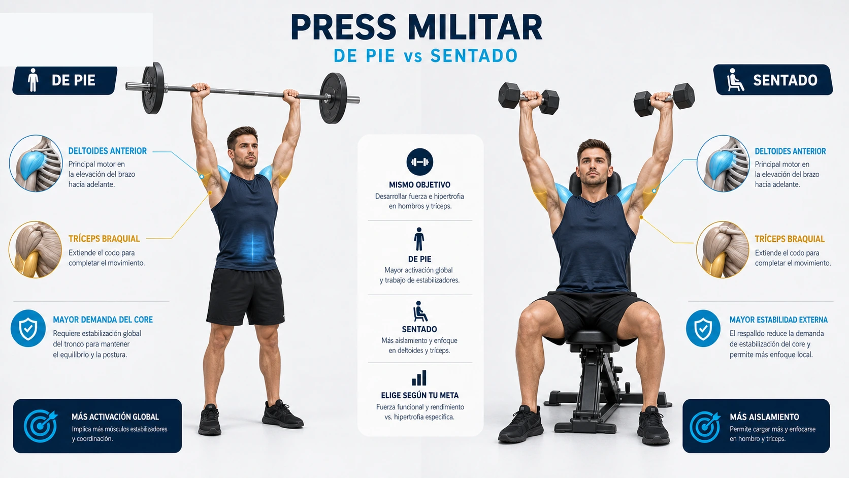 Imagen técnica sobre evidencia press militar pie vs sentado
