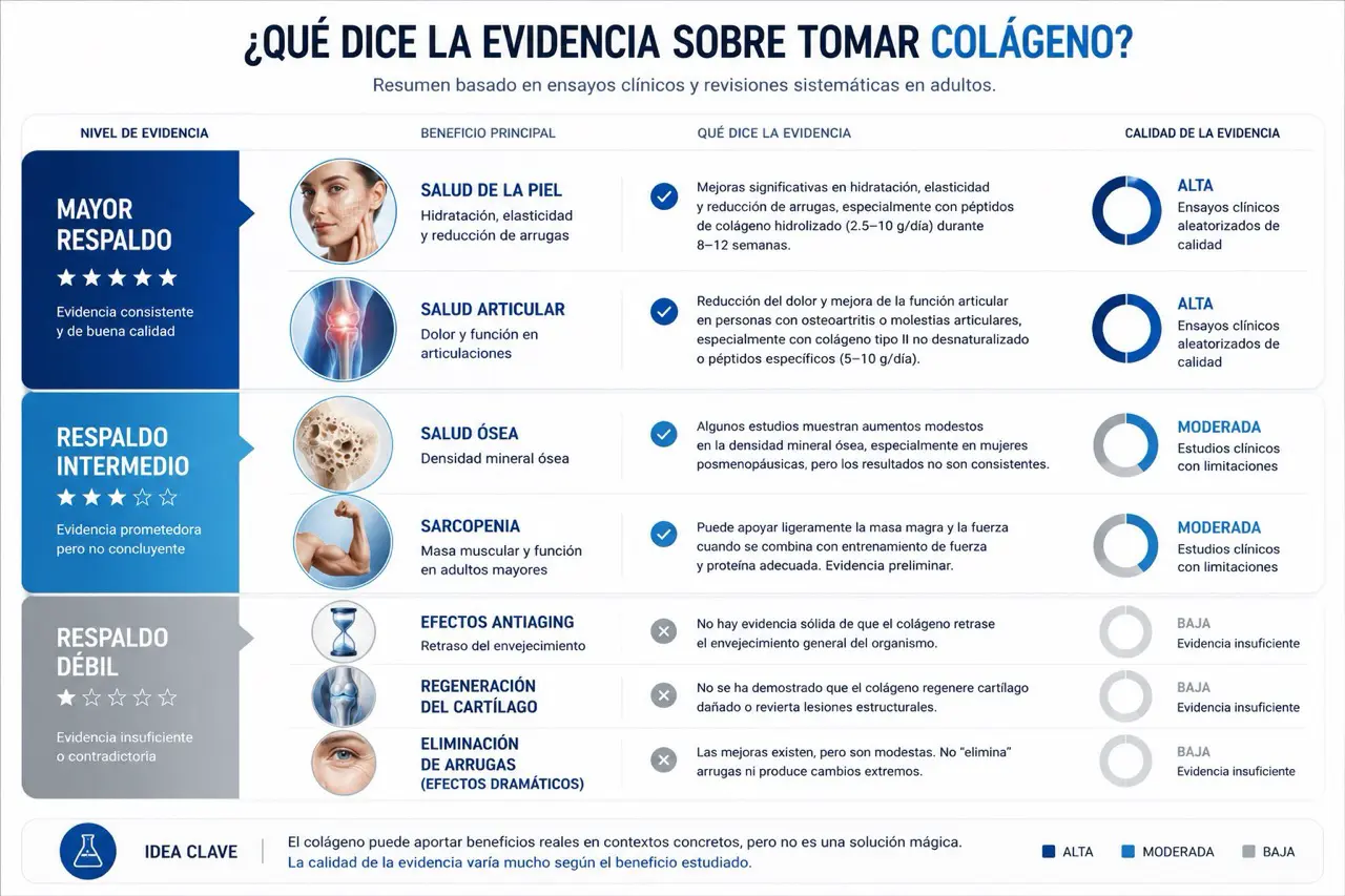 Infografia que resume el nivel de evidencia sobre tomar colageno para piel, articulaciones, hueso, sarcopenia, antiaging, cartilago y arrugas