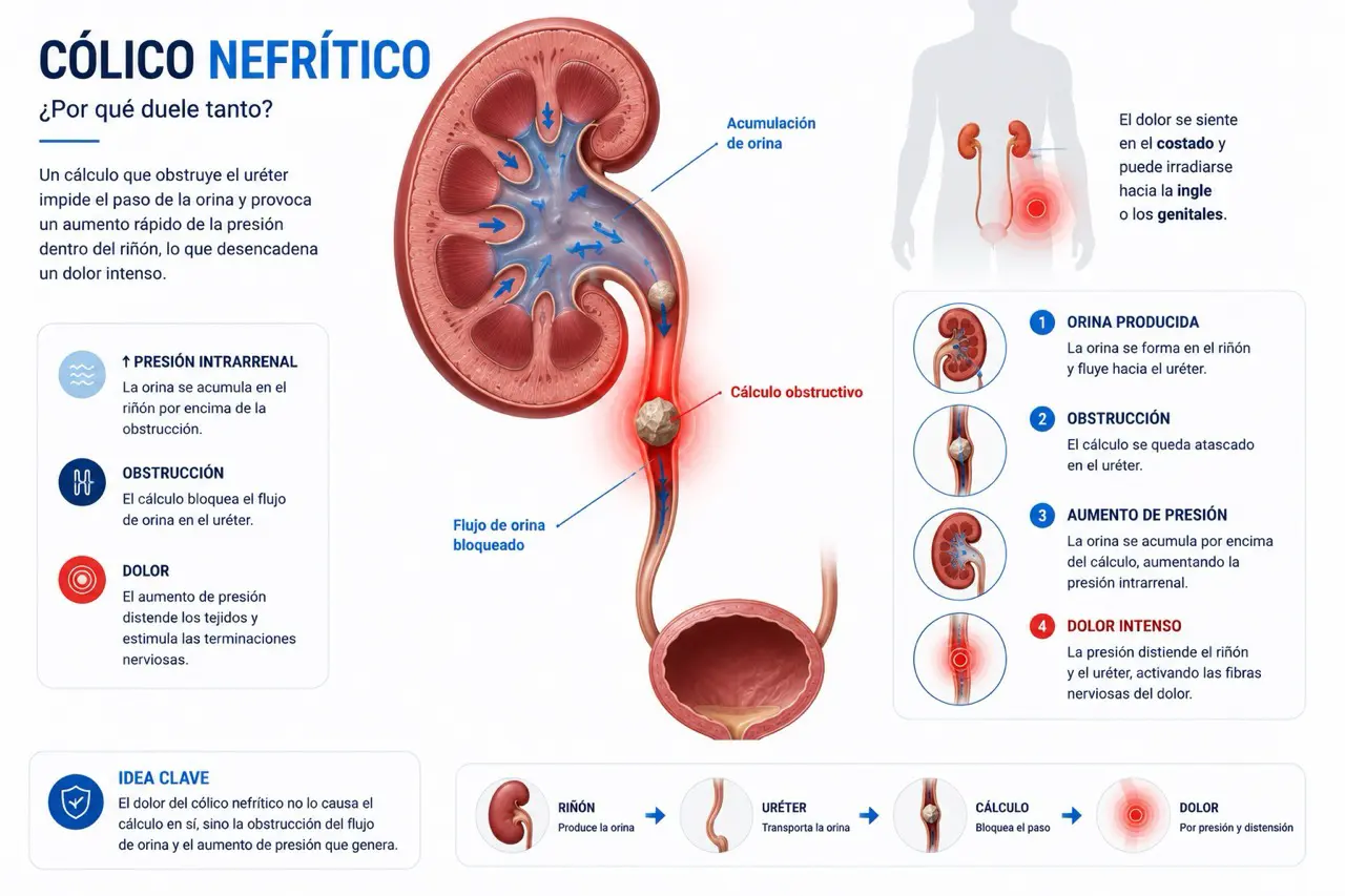Infografia sobre factores de riesgo de calculos renales como deshidratacion, exceso de sodio, obesidad, sindrome metabolico, infecciones, genetica, cirugia bariatrica y proteina animal