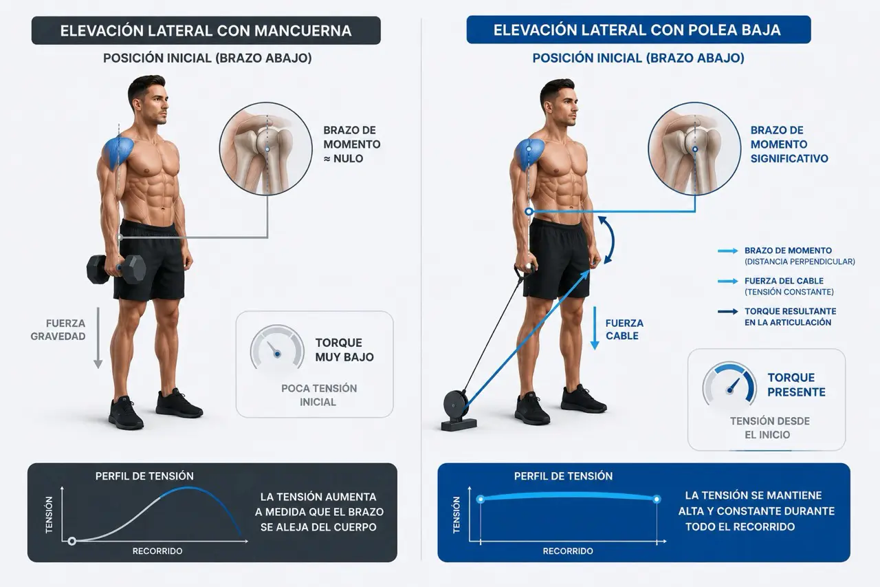Diagrama comparativo de torque en la fase baja entre mancuerna y polea