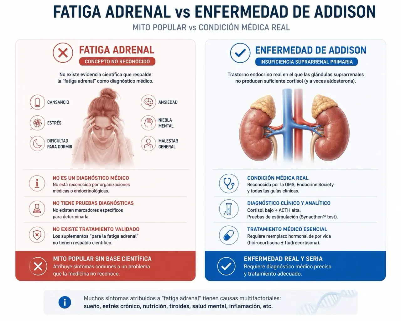 Comparativa cientifica entre fatiga adrenal como concepto no reconocido y enfermedad de Addison como insuficiencia suprarrenal real con diagnostico medico