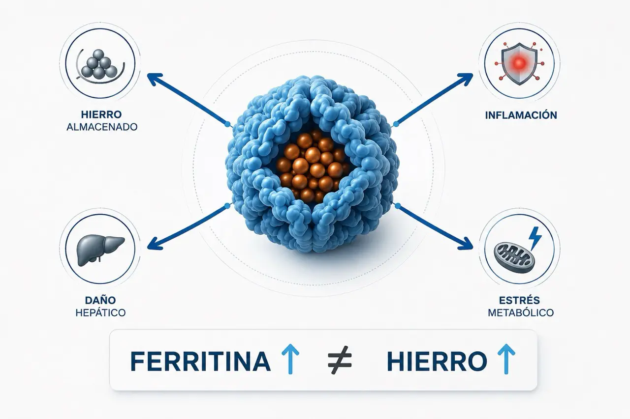 Diagrama conceptual que muestra que la ferritina alta no equivale a hierro alto