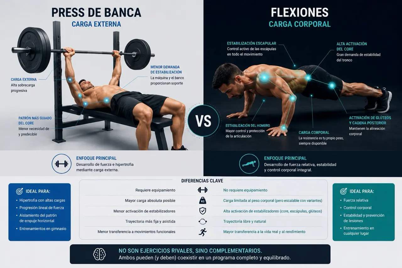 Comparativa biomecanica entre press de banca y flexiones mostrando mayor carga externa en press banca y mayor estabilidad dinamica y control corporal en flexiones