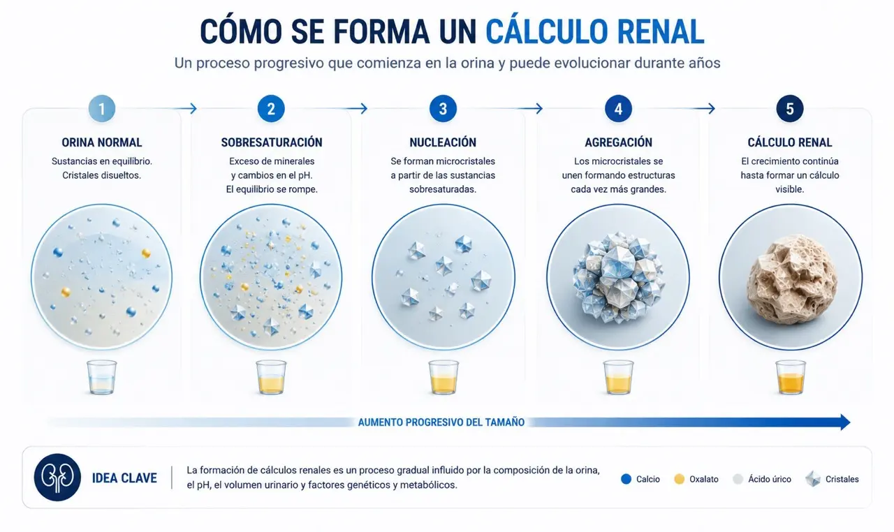 Infografia que explica como se forma un calculo renal desde orina normal hasta sobresaturacion, nucleacion, agregacion y calculo renal