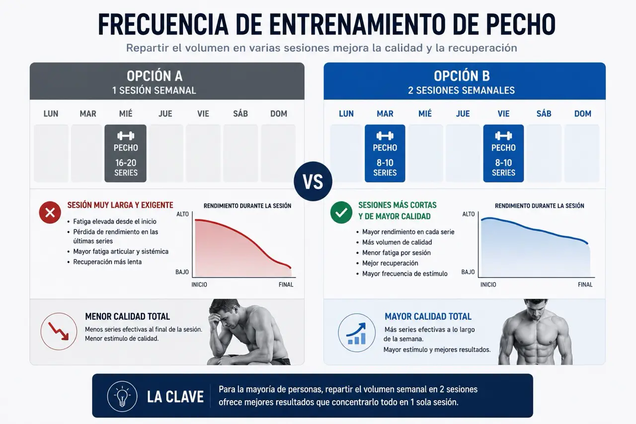 Comparativa semanal entre una sesion gigante de pecho y dos sesiones repartidas mostrando mejor calidad de trabajo al distribuir el volumen