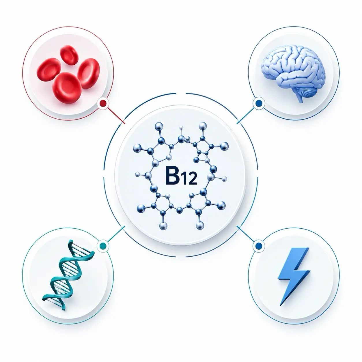 Infografia radial de funciones de la vitamina B12 con globulos rojos, sistema nervioso, sintesis de ADN y metabolismo energetico
