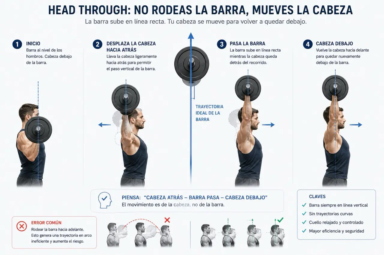 Diagrama biomecanico del head through en press militar con barra vertical fija y movimiento de la cabeza bajo la trayectoria ideal