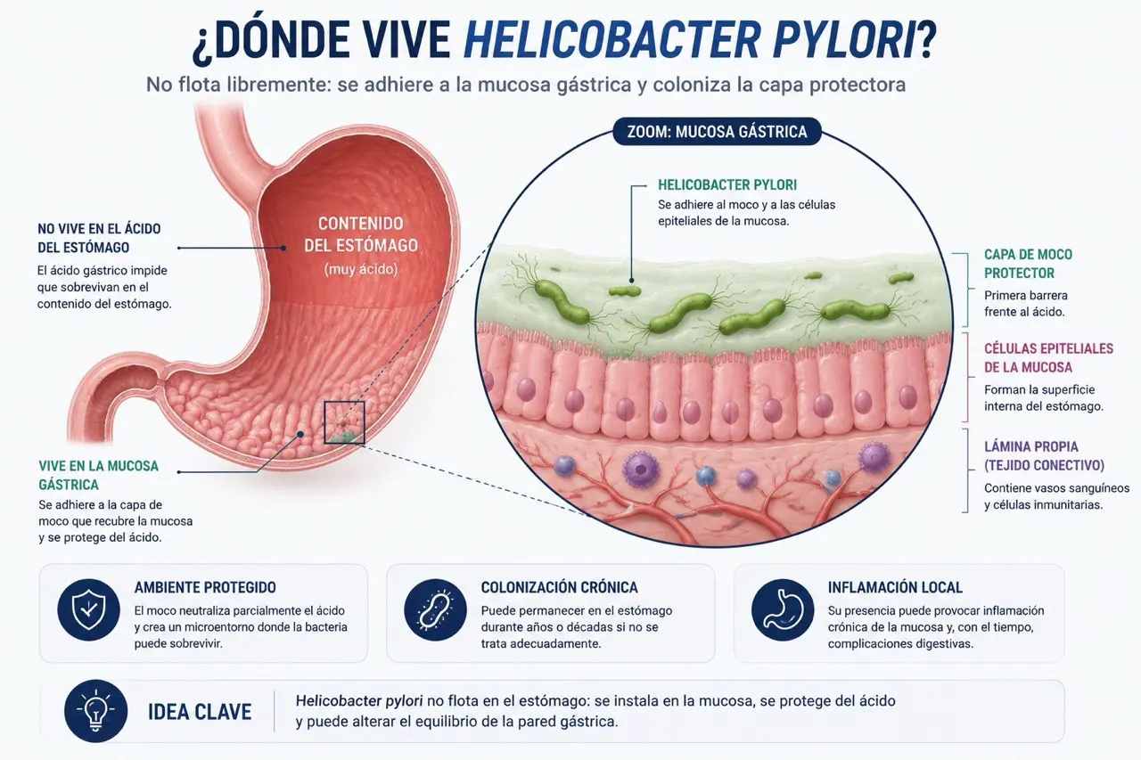 Diagrama anatomico del estomago con zoom de la mucosa gastrica donde Helicobacter pylori coloniza la capa protectora y se adhiere al tejido