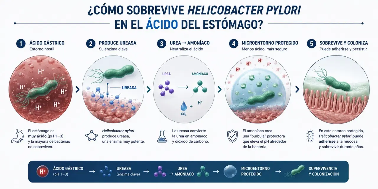 Diagrama fisiologico que muestra como Helicobacter pylori sobrevive al acido gastrico mediante ureasa, conversion de urea en amoniaco y microentorno protegido