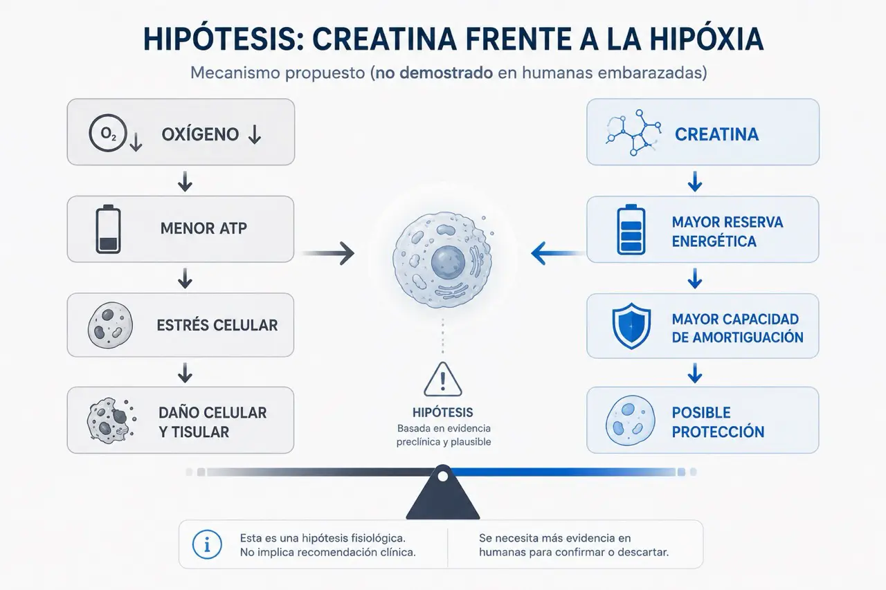 Diagrama fisiologico sobre hipoxia, menor ATP, estres celular y daño junto a creatina como posible reserva energetica protectora en fase de hipotesis