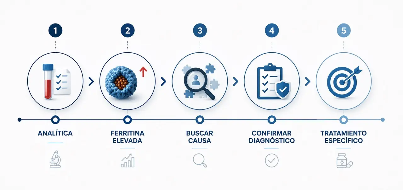 Infografía resumen horizontal para interpretar correctamente una ferritina alta