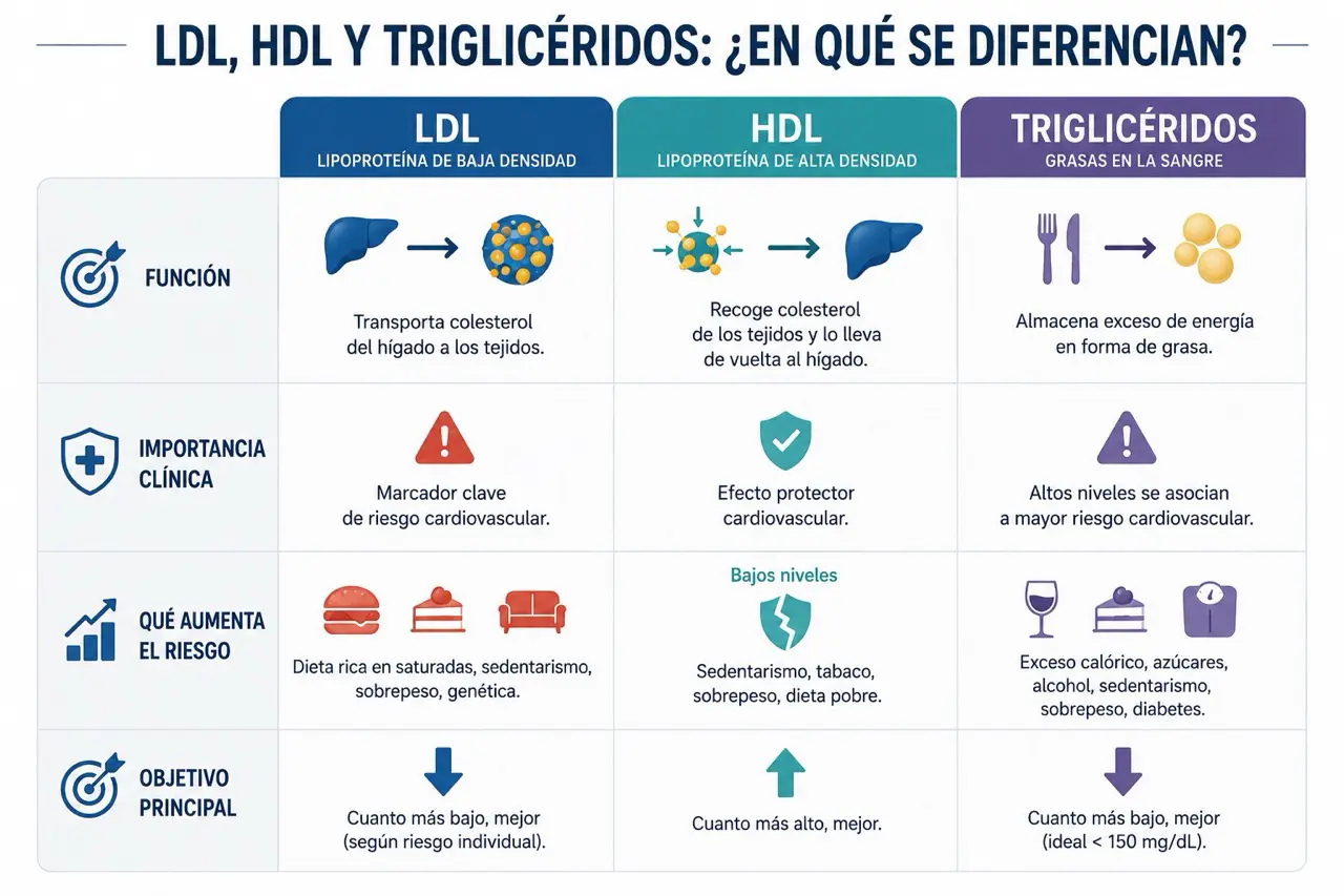 Tabla visual comparativa de LDL, HDL y trigliceridos con funcion, importancia clinica, factores que aumentan el riesgo y objetivo principal