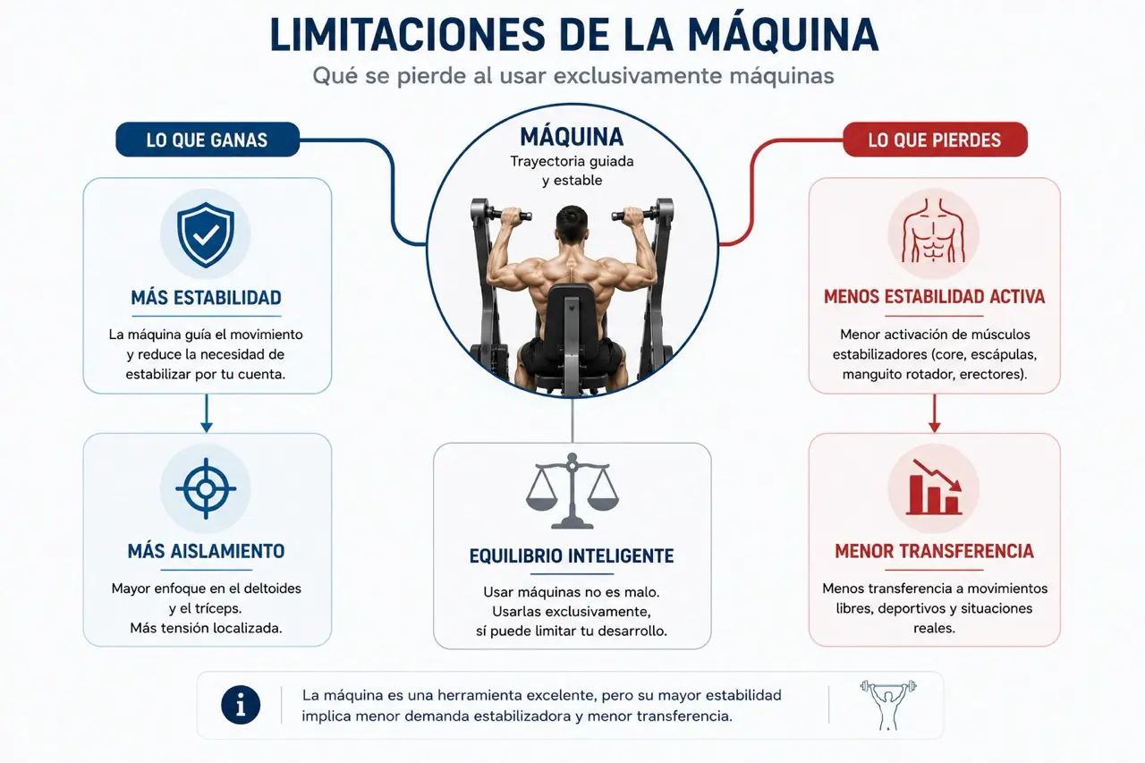 Diagrama de equilibrio del press militar en maquina con mas estabilidad y aislamiento frente a menor estabilidad activa y menor transferencia