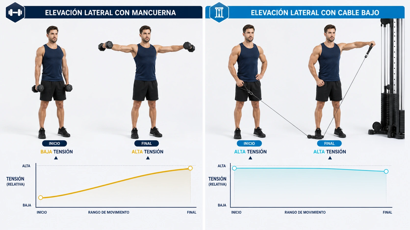 Imagen técnica sobre mancuerna vs polea tensión elevación lateral