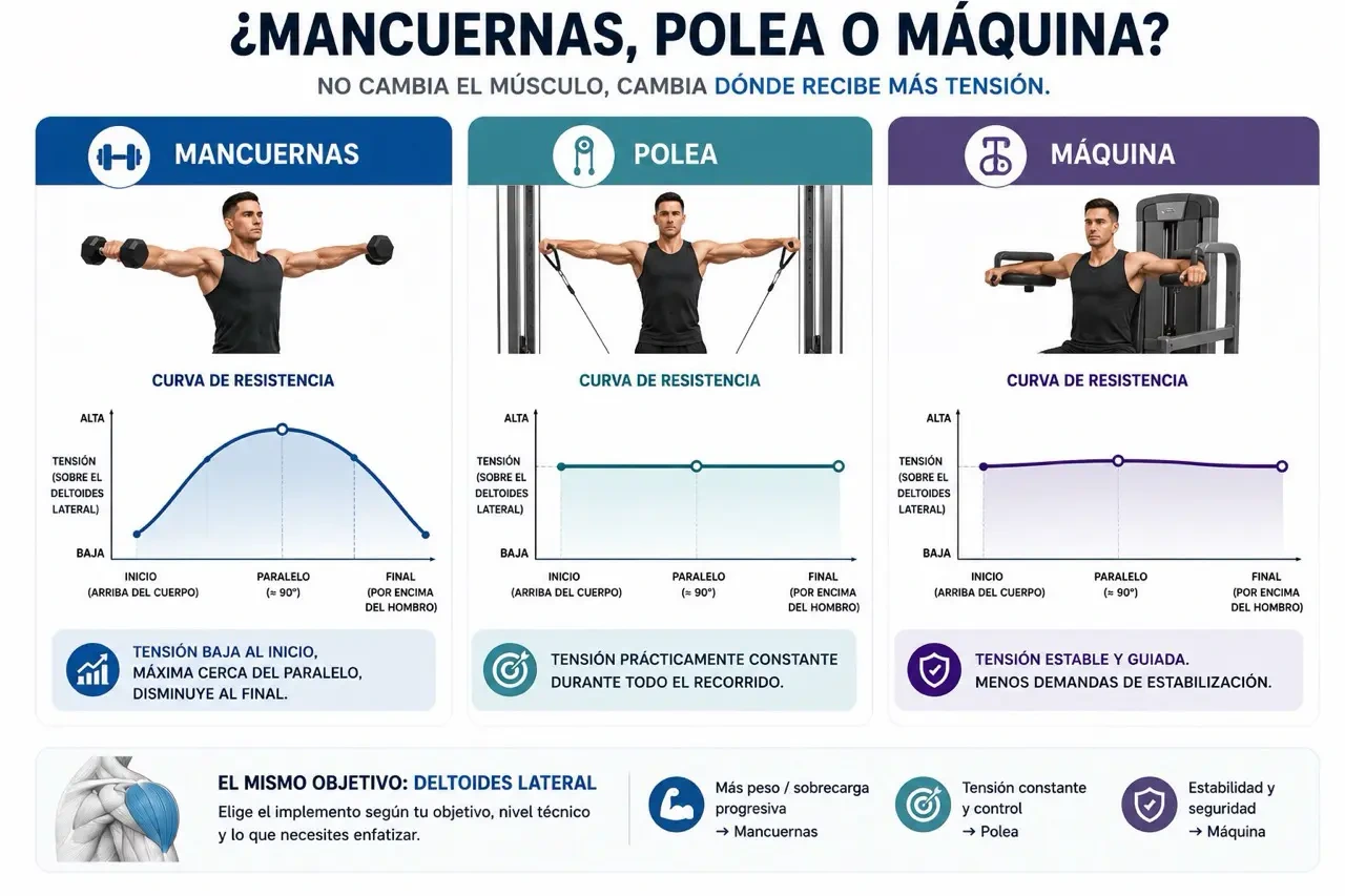 Imagen técnica sobre mancuernas polea máquina perfil resistencia