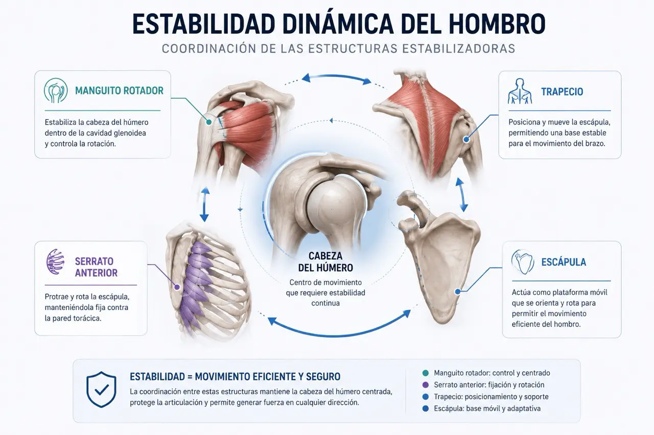 Diagrama biomecánico del manguito rotador y la musculatura escapular para estabilidad del hombro