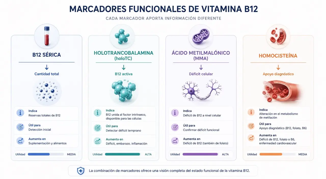 Comparativa visual de marcadores funcionales de vitamina B12 con B12 serica, holotranscobalamina, MMA y homocisteina