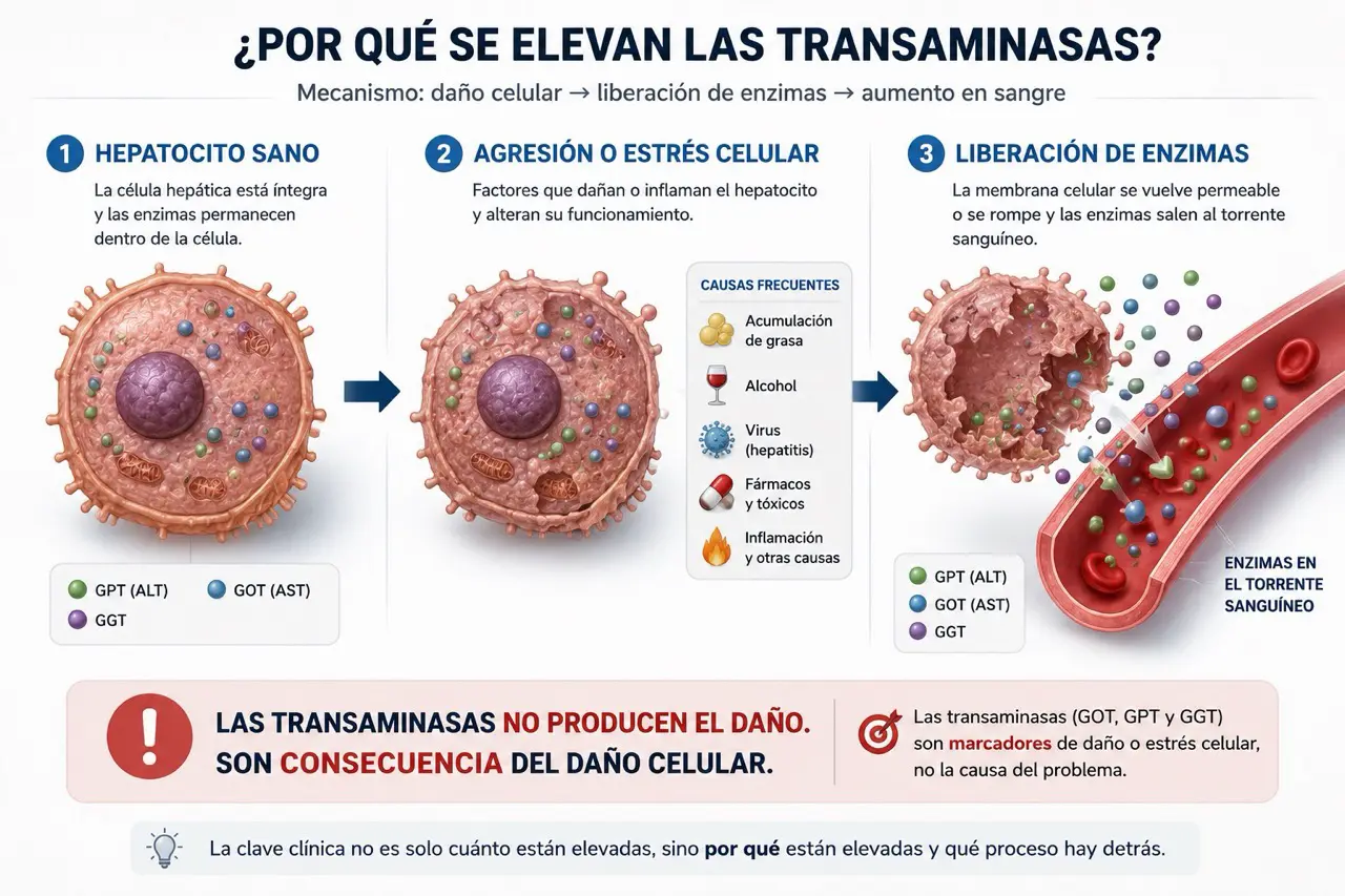 Infografía del mecanismo de elevación de transaminasas por daño celular hepático