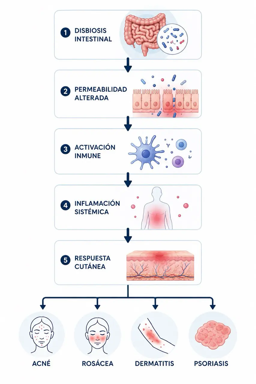 Diagrama de flujo de los mecanismos del eje intestino-piel desde disbiosis intestinal hasta respuesta cutanea como acne, rosacea, dermatitis y psoriasis