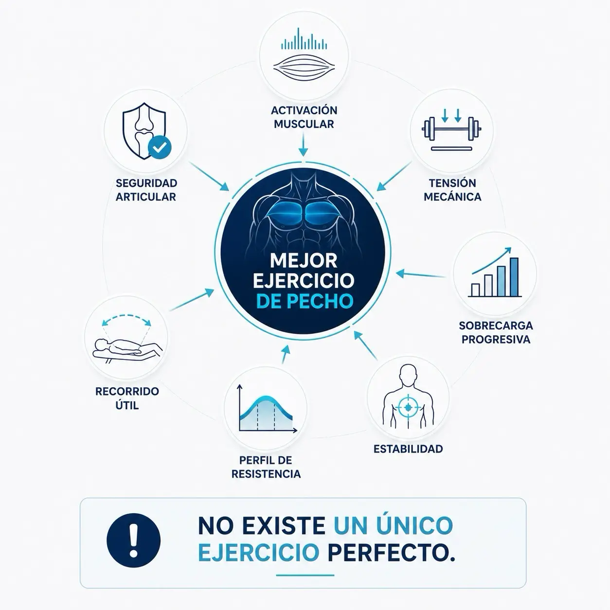 Infografia editorial del mejor ejercicio de pecho con activacion muscular, tension mecanica, sobrecarga progresiva, estabilidad, perfil de resistencia, seguridad articular y recorrido util