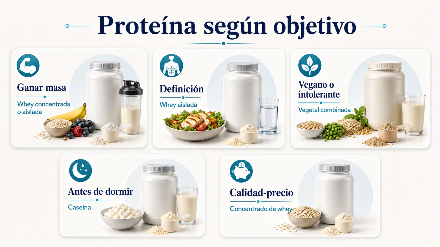 Infografía de proteína según objetivo ganar masa definición opción vegana intolerancia antes de dormir y calidad precio