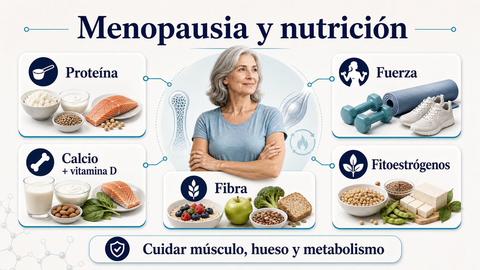 Infografía de menopausia y nutrición con proteína fuerza calcio vitamina D fibra fitoestrógenos y salud metabólica