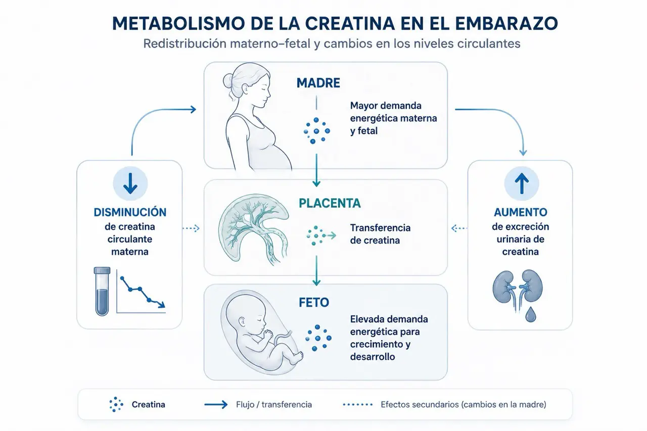 Diagrama fisiologico de creatina en embarazo con madre, placenta y feto, transferencia, demanda energetica, disminucion circulante y excrecion urinaria