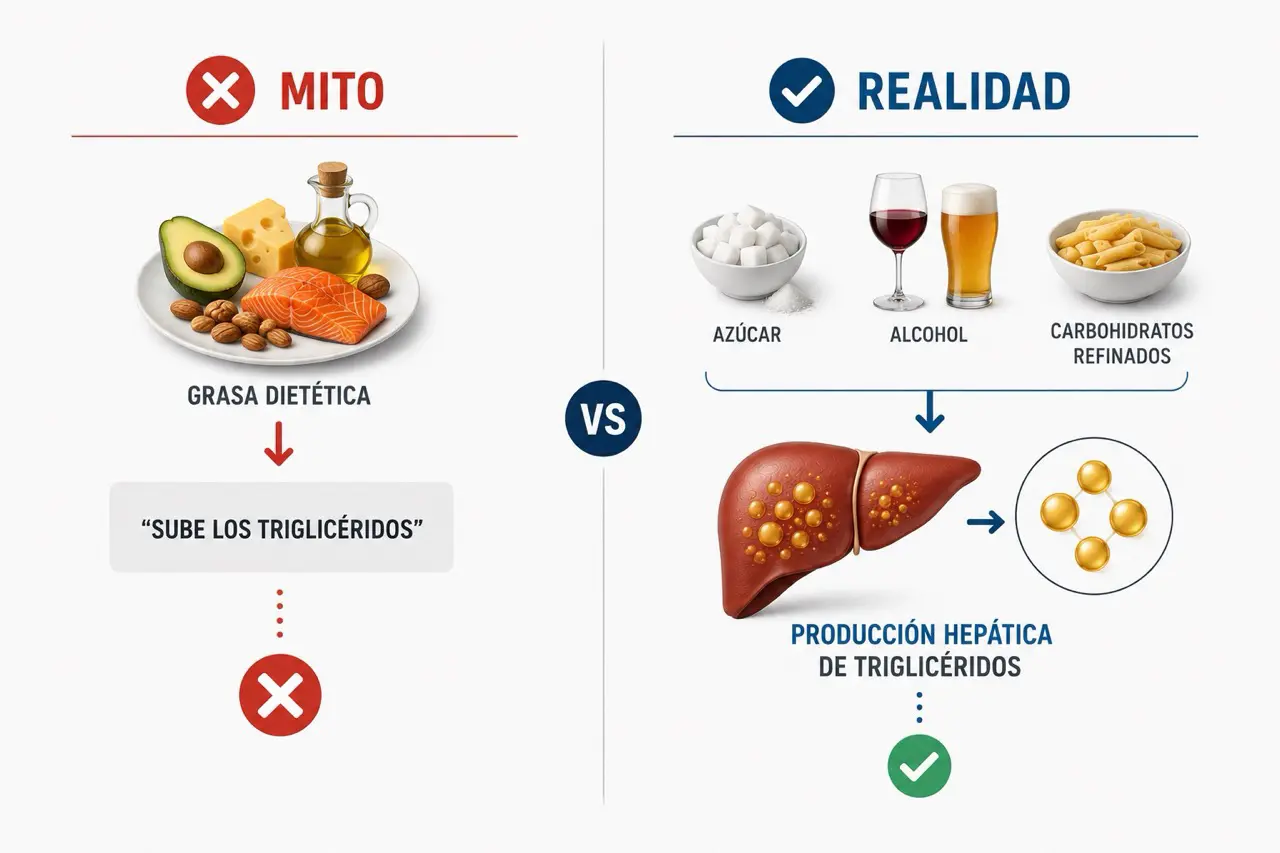 Comparativa entre el mito de la grasa dietética y la producción hepática de triglicéridos por azúcar alcohol y carbohidratos refinados