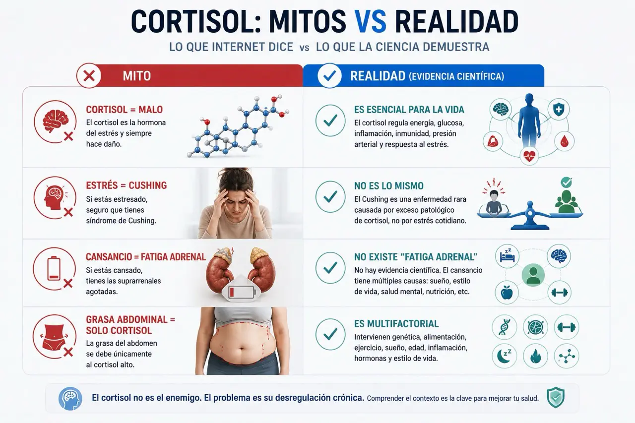 Panel mito vs evidencia sobre cortisol que diferencia cortisol igual a malo, estres igual a Cushing, cansancio igual a fatiga adrenal y grasa abdominal solo por cortisol frente a una vision multifactorial