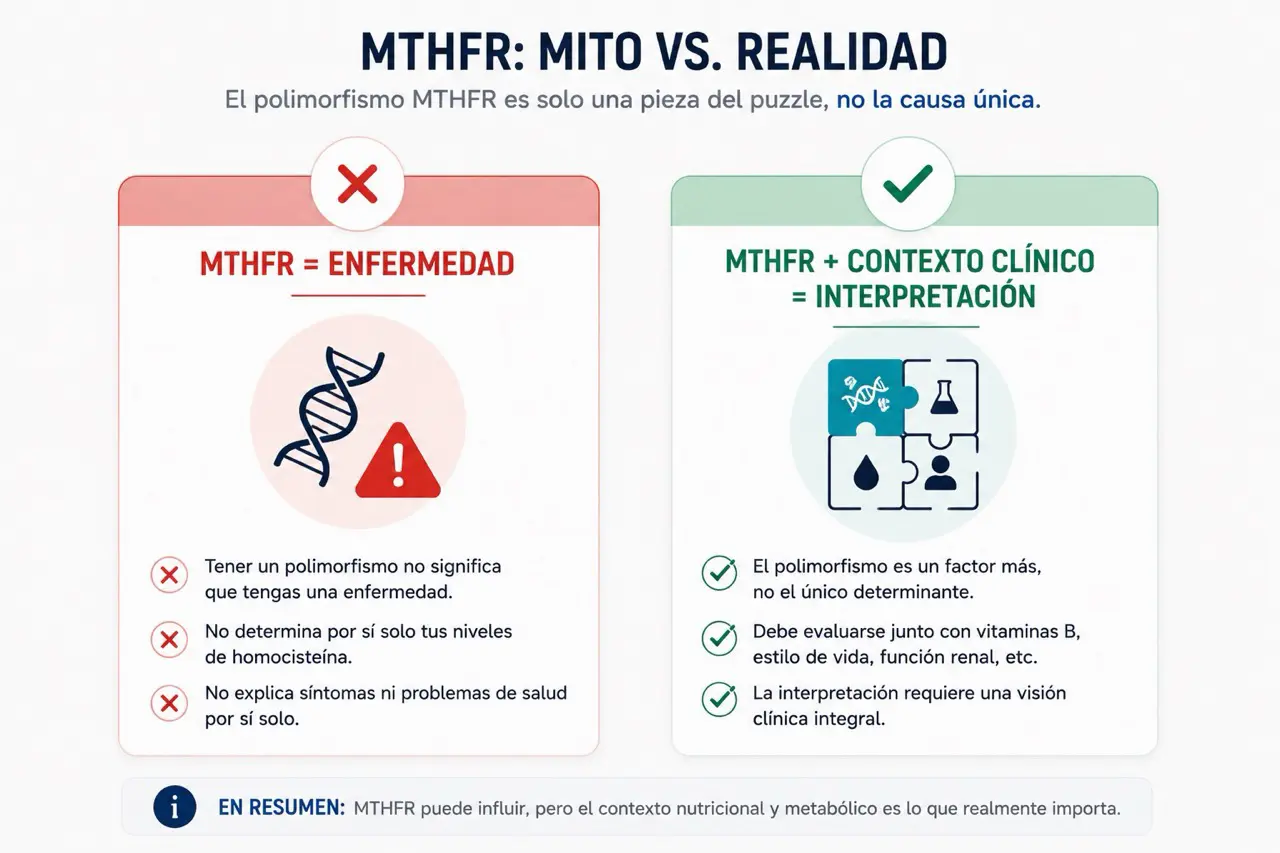 Comparativa visual que explica que MTHFR no equivale a enfermedad y que debe interpretarse junto al contexto clinico
