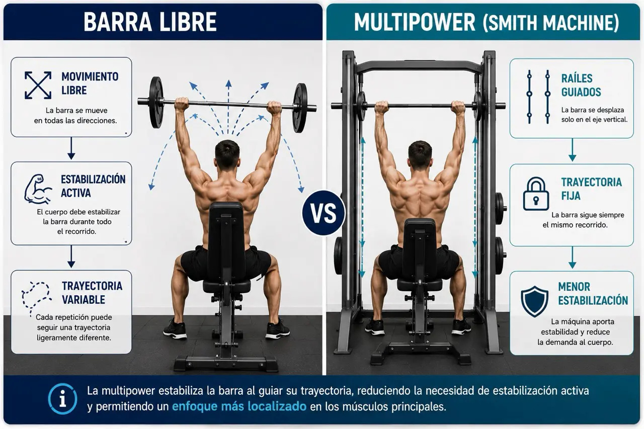 Comparativa biomecanica entre barra libre y multipower mostrando movimiento libre, estabilizacion activa, trayectoria variable, railes guiados, trayectoria fija y menor estabilizacion