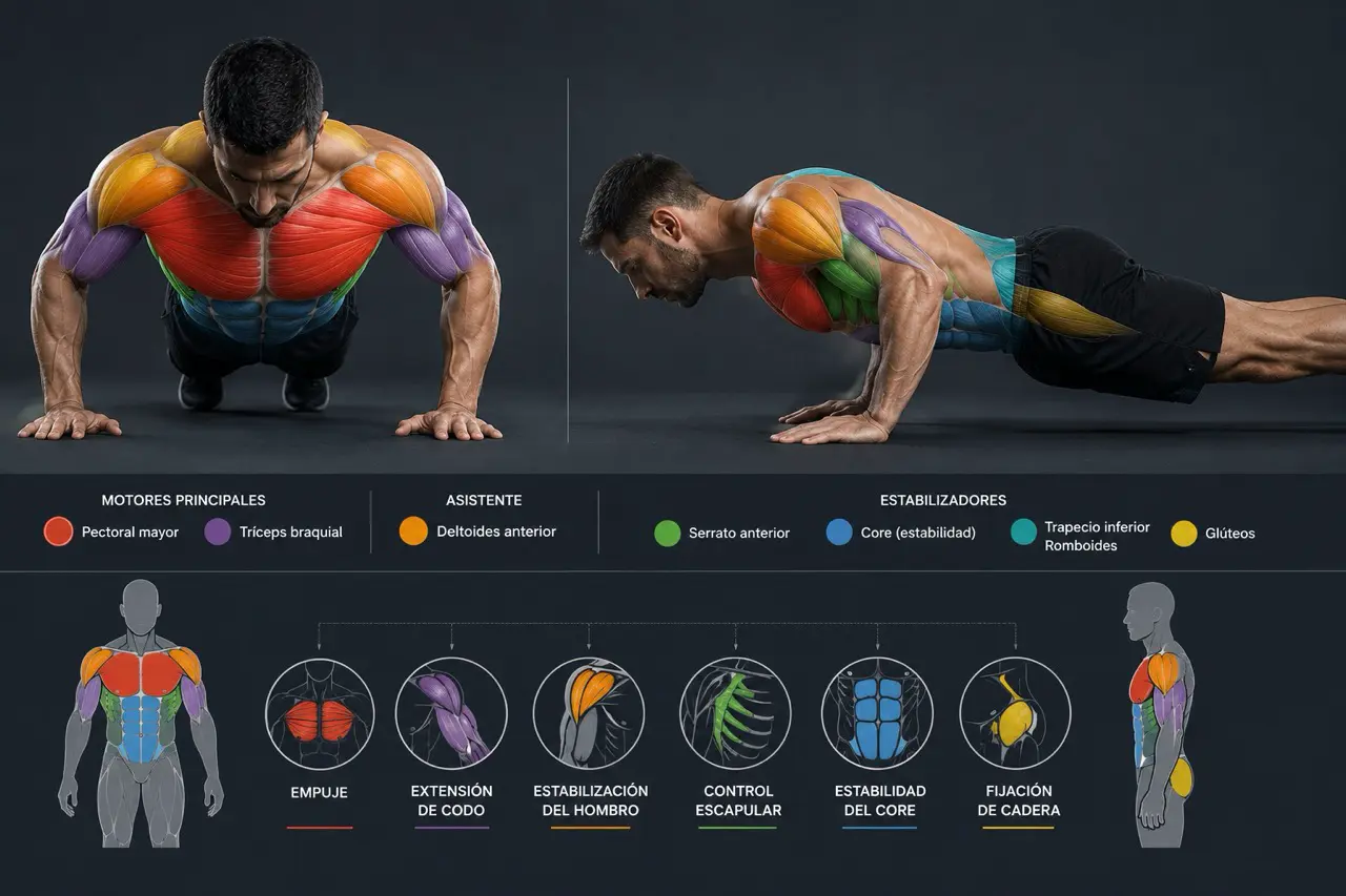 Mapa anatomico muscular de las flexiones con pectoral mayor y triceps como motores principales, deltoides anterior como asistente y serrato, core, trapecio, romboides y gluteos como estabilizadores