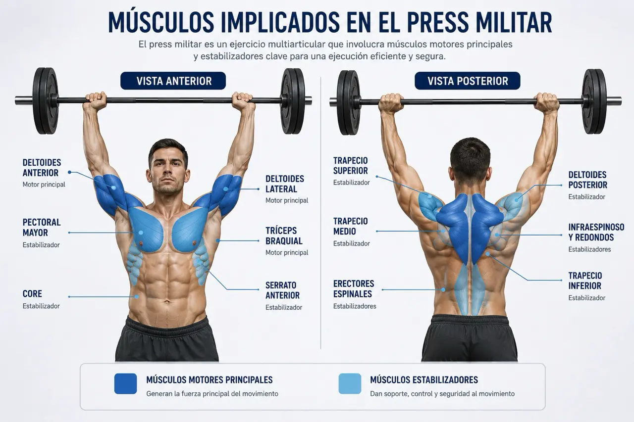 Mapa anatomico del press militar con vista anterior y posterior, motores principales y estabilizadores diferenciados por color