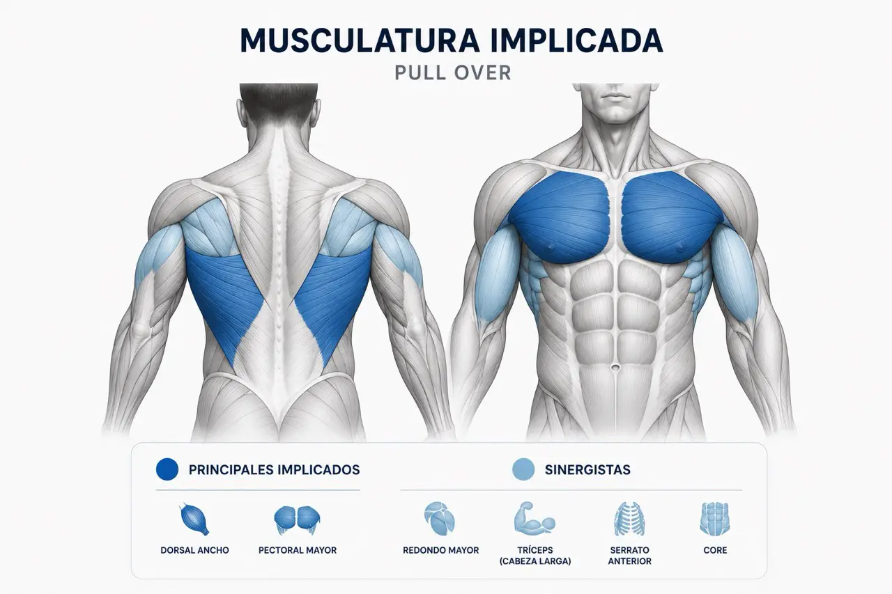 Mapa anatomico de los musculos implicados en el pull over con vista anterior y posterior, destacando pectoral mayor, dorsal ancho y sinergistas