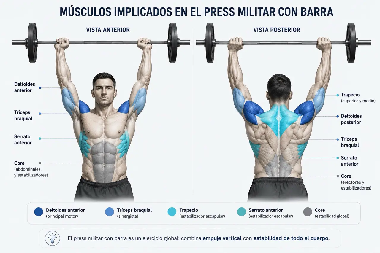 Mapa muscular del press militar con barra con deltoides anterior, triceps, trapecio, serrato y core diferenciados por color