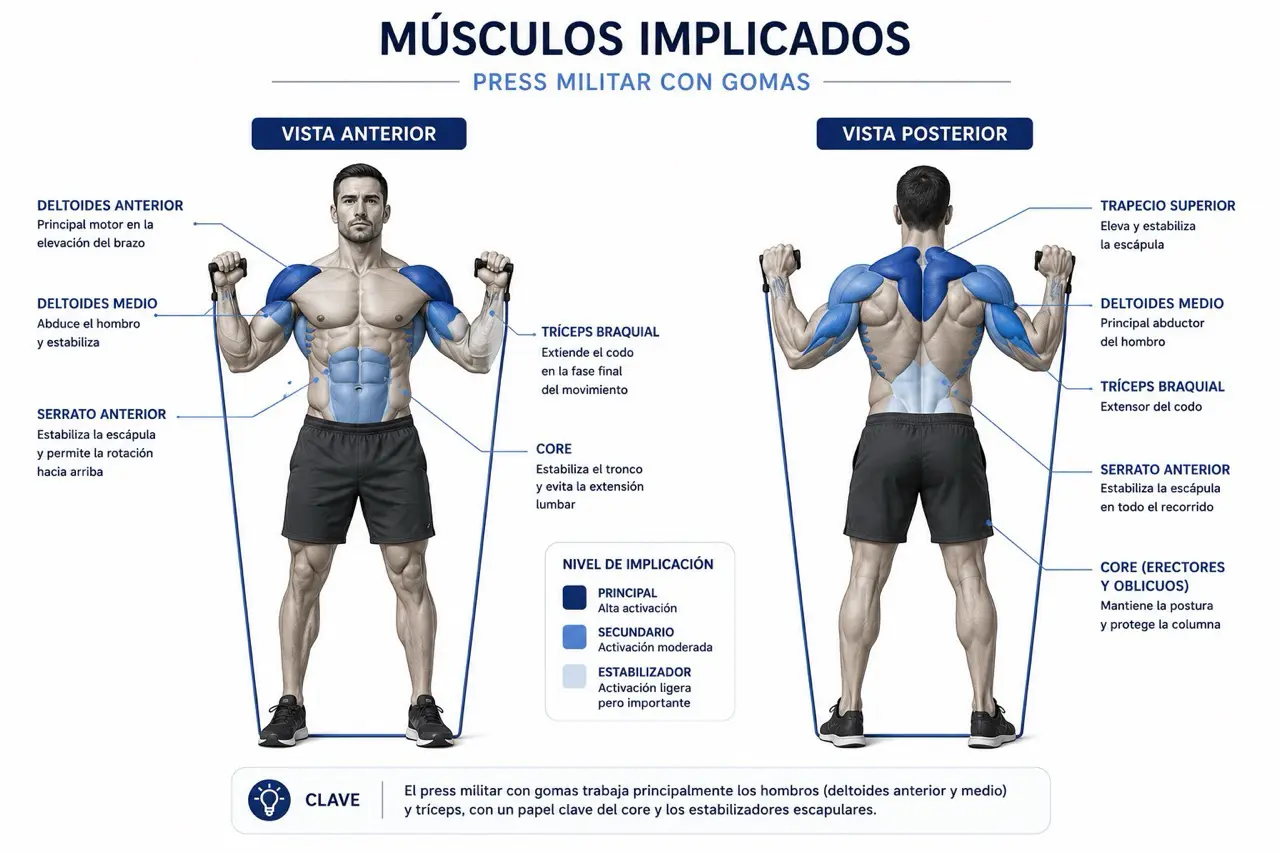 Mapa muscular del press militar con gomas con deltoides anterior, deltoides medio, triceps, trapecio superior, serrato y core