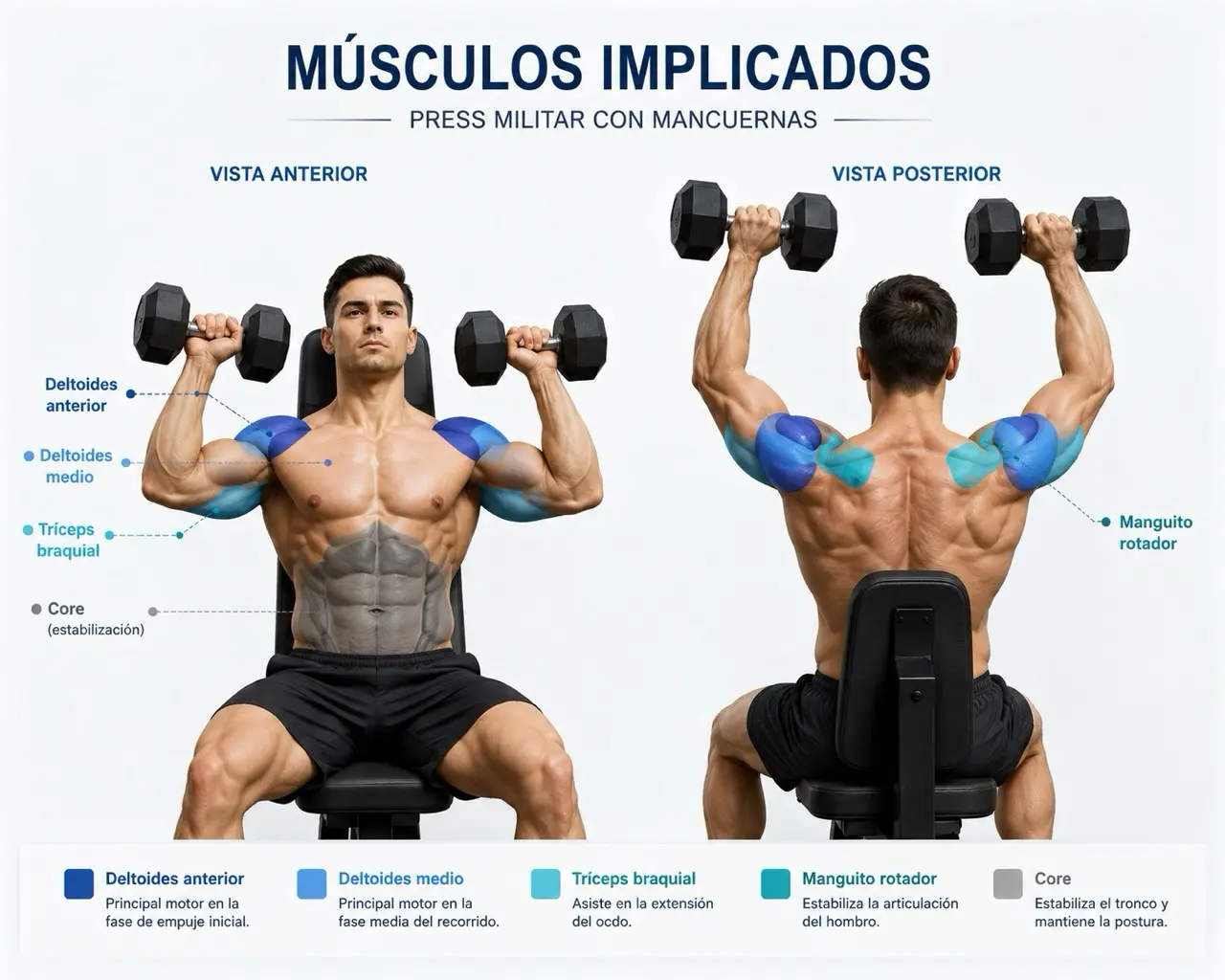 Mapa muscular del press militar con mancuernas con deltoides anterior, deltoides medio, triceps, manguito rotador y core diferenciados por color
